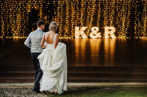 Young couple at their wedding walking towards the reception