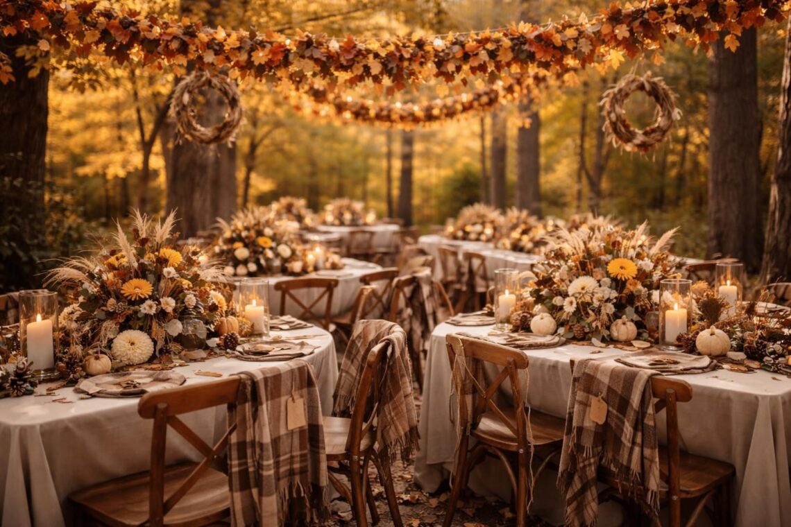 découvrez nos idées de déco et accessoires pour créer un thème d’automne chaleureux et élégant, et réussir un mariage parfait en cette saison.