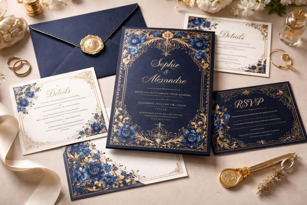 découvrez des idées de faire-part élégants et originaux pour un mariage au thème bleu et or, qui sauront captiver vos invités dès le premier regard.