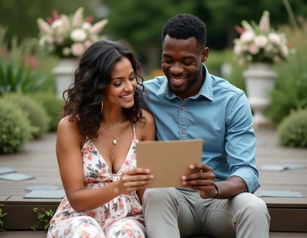 Couple de mariés lisant ensemble un message de félicitations touchant et original lors de leur réception de mariage en jardin