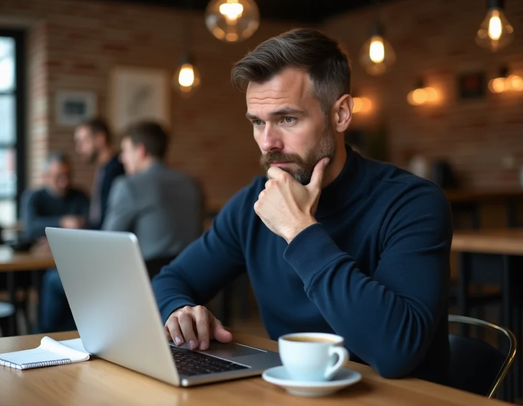 Homme rédigeant un message de félicitations de mariage original sur un ordinateur portable dans un café urbain, carnet de notes à côté