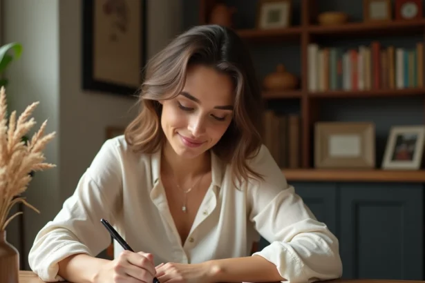 Femme rédigeant un message de félicitations de mariage à la main avec un stylo plume sur une carte élégante posée sur un bureau en bois rustique