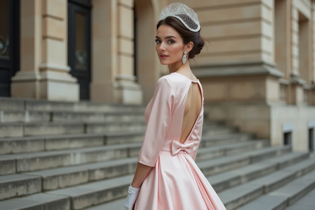 Femme en robe de mariée vintage années 60 en satin rose poudré avec chapeau voilette et gants blancs, devant un immeuble haussmannien pour un mariage en journée