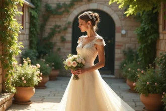 Femme en robe de mariée vintage années 50 en organza ivoire avec broderies florales, dans un jardin fleuri pour un mariage en journée
