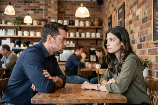 Un homme et une femme en tension dans un café, illustrant les attentes mal communiquées dans une relation de couple