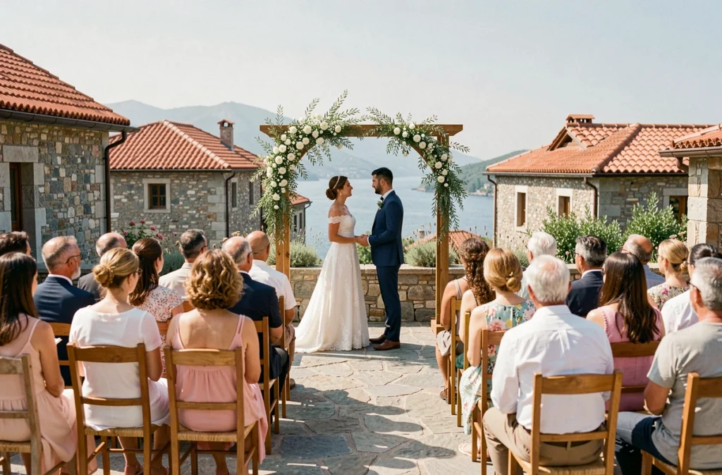 Cérémonie de mariage en plein air dans une cour en pierre traditionnelle de la Riviera albanaise avec vue sur mer Ionienne