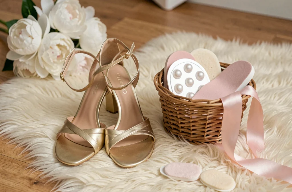 Chaussures dorées de mariage posées près d'accessoires de confort comme des coussinets et semelles gel