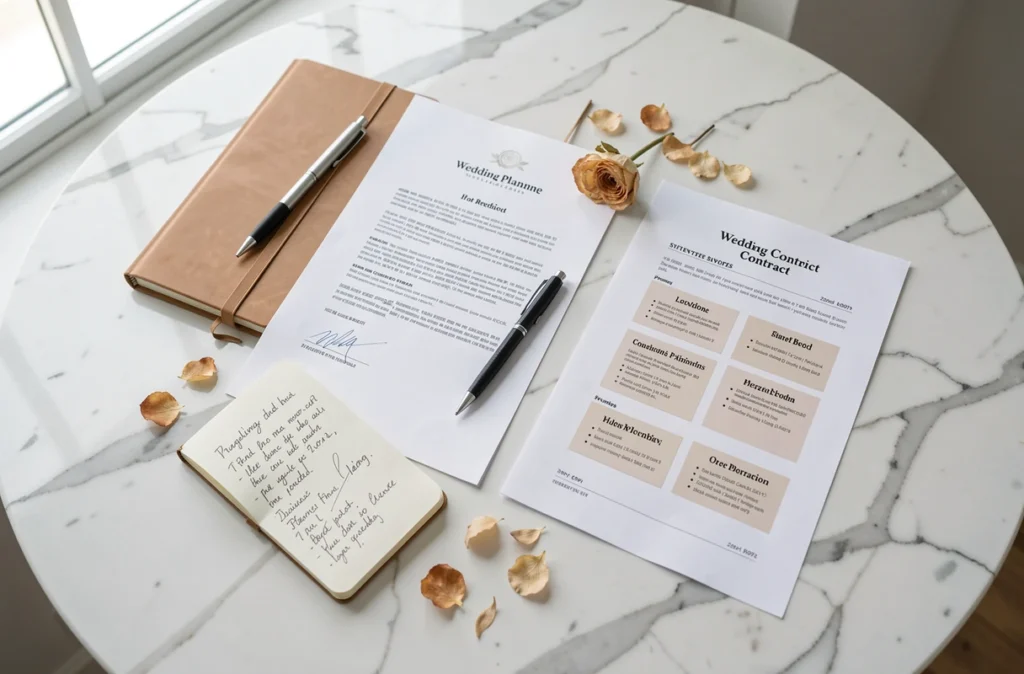 Documents de contrat et grille tarifaire d'un wedding planner posés sur une table en marbre blanc