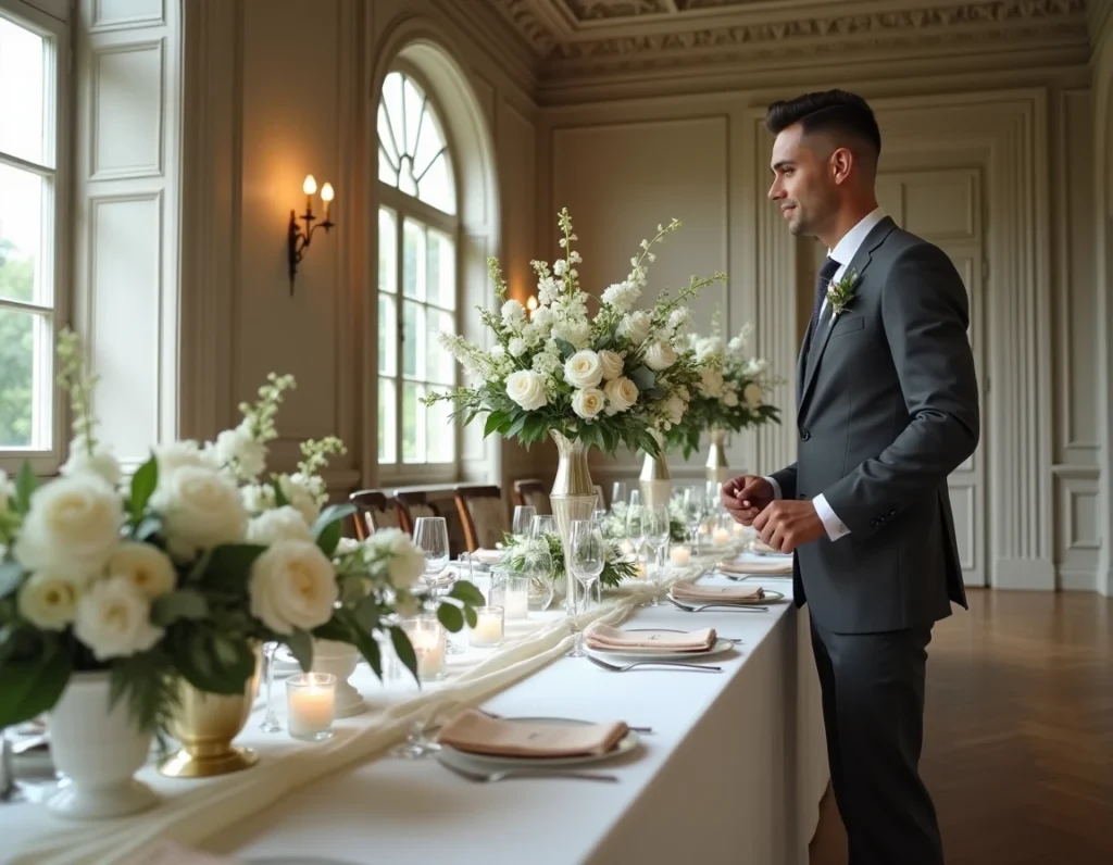 Coordinateur de mariage de luxe supervisant la décoration florale dans un château français lors de la préparation d'un mariage haut de gamme