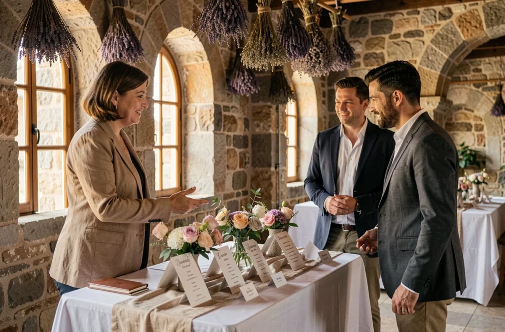 Coordinatrice de mariage albanaise présentant des options de décoration à un couple français dans un lieu historique ottoman à Berat