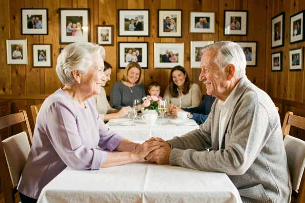 Couple de personnes âgées tenant la main lors d'une célébration de 70 ans de mariage entouré de leur famille