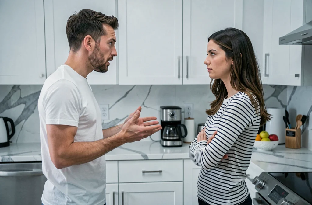 Couple en désaccord dans une cuisine moderne, illustrant les erreurs de communication liées aux attentes dans le couple