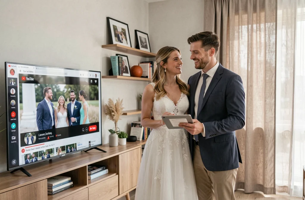 Couple regardant leur diaporama mariage sur YouTube avec options de licence musicale sur tablette dans un salon moderne