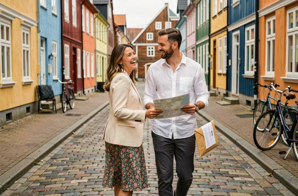 Couple de futurs mariés étrangers se promenant dans une rue de Copenhague avec leurs documents de mariage