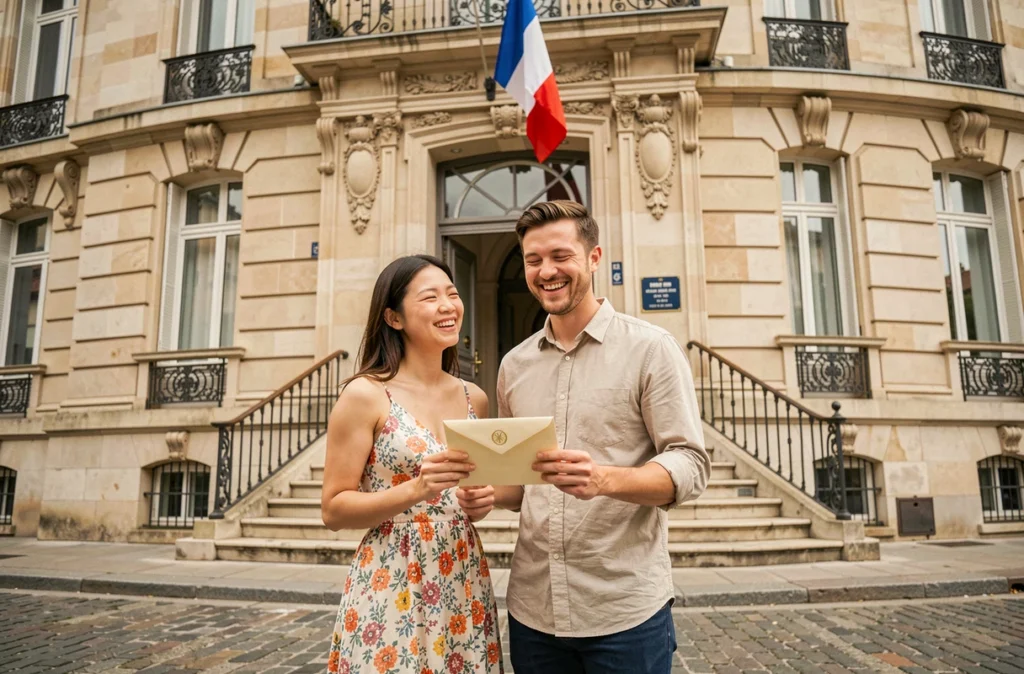 Couple devant la mairie française après validation de leur dossier de mariage étranger