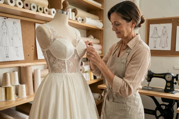 Couturière indépendante cousant à la main des dentelles sur une robe de mariée dans son atelier artisanal