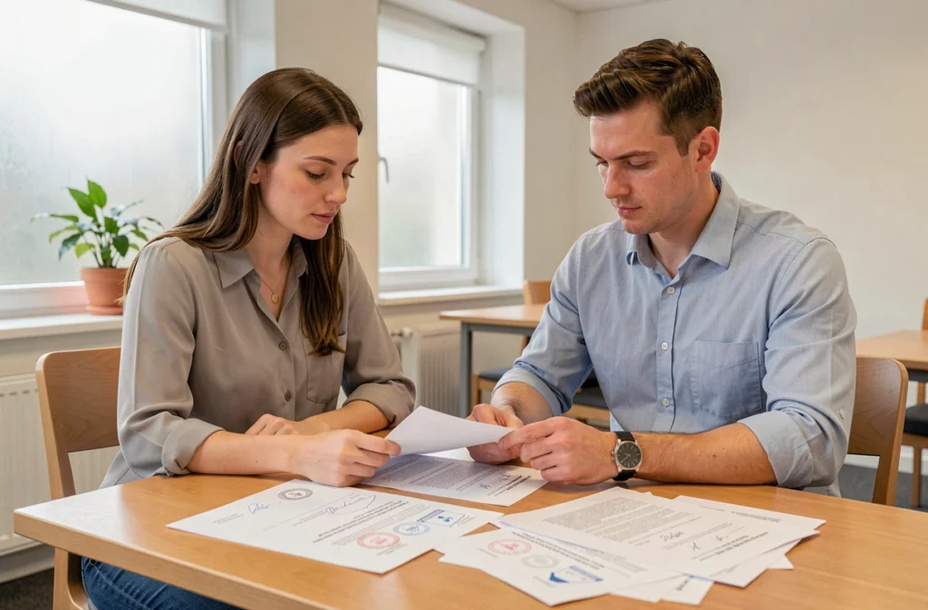 Couple examinant des documents administratifs pour un mariage civil étranger dans un bureau municipal danois