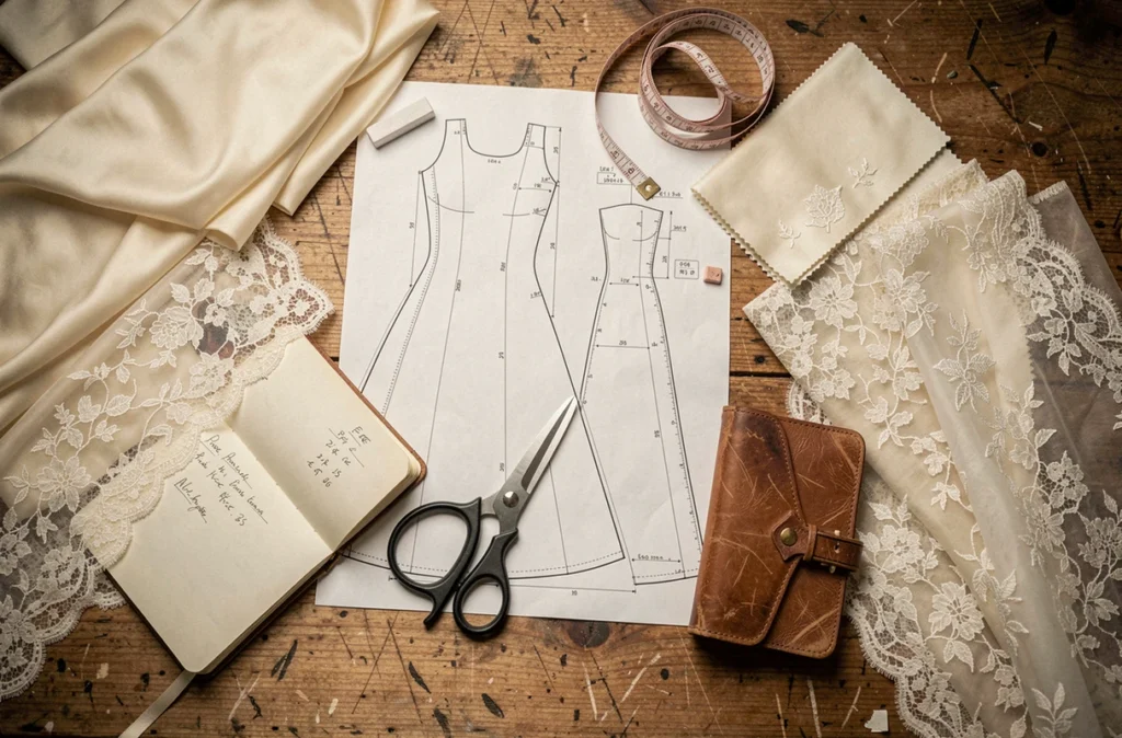 Pose à plat d'outils de couture, tissus et devis manuscrit pour une robe de mariée créée par une couturière