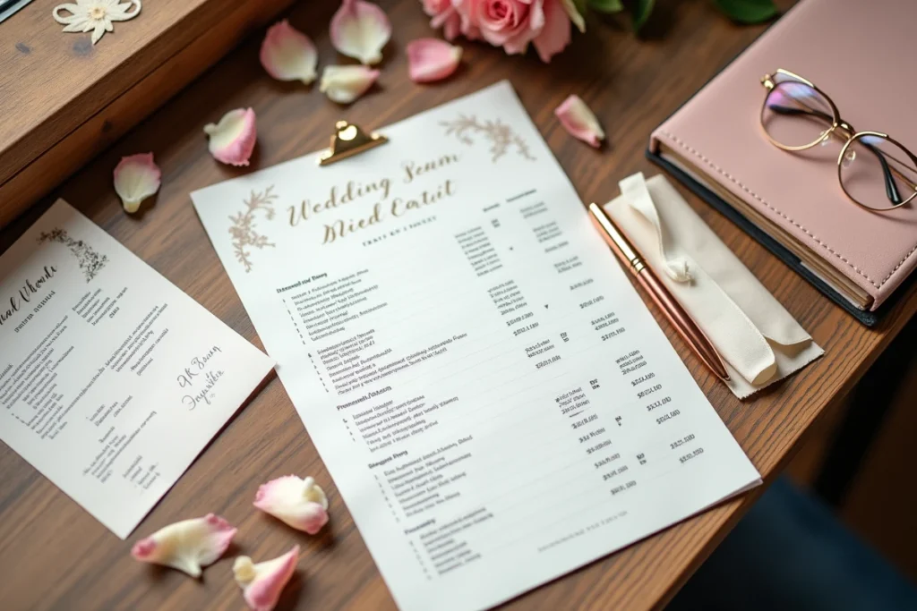 Vue aérienne de documents de planification de mariage haut de gamme avec budget détaillé, contrats de prestataires et accessoires élégants sur un bureau en chêne