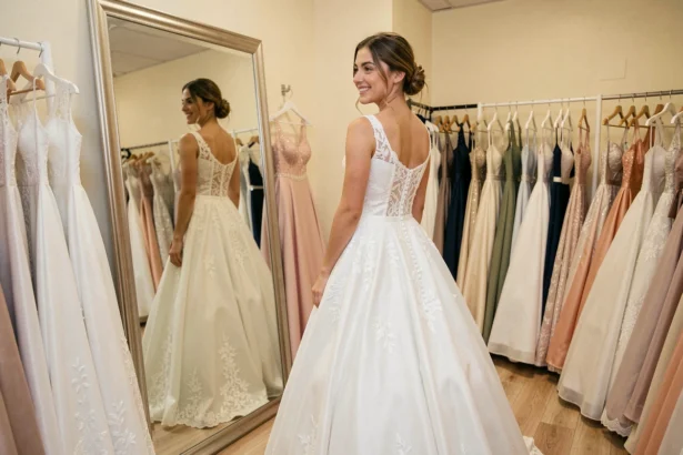 Jeune mariée essayant une robe de mariée pas cher dans une boutique spécialisée, souriante devant un grand miroir