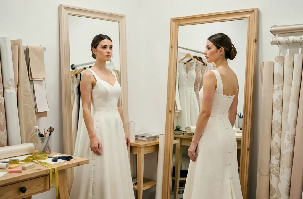 Future mariée en essayage d'une robe sur mesure chez une couturière indépendante avec épingles visibles
