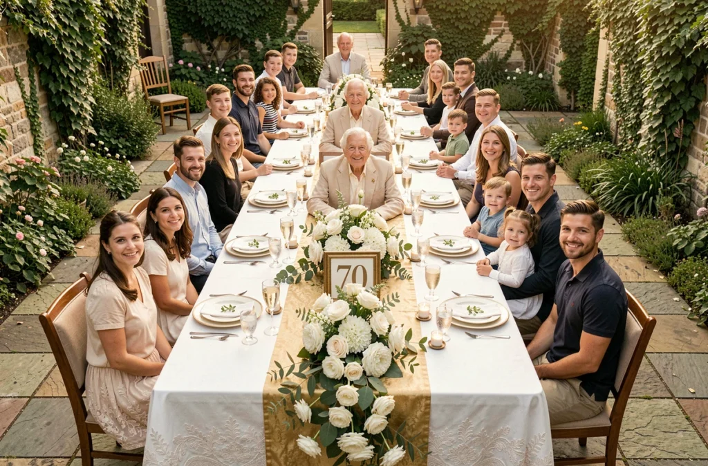 Grande famille réunie pour fêter les 70 ans de mariage des grands-parents autour d'une table décorée en extérieur