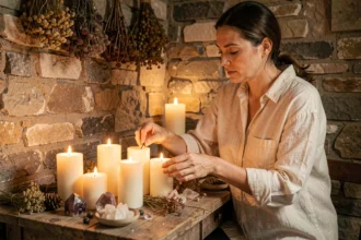 Femme allumant des bougies pilier ivoire sur un autel domestique avec cristaux et herbes séchées pour un rituel photographié