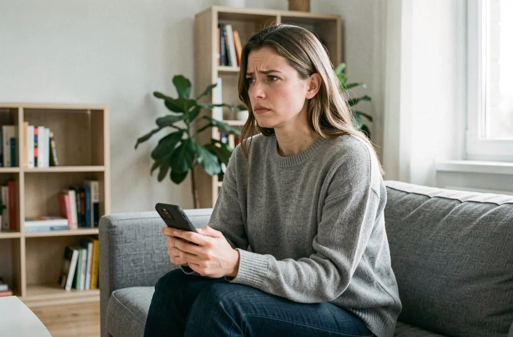 Femme seule et songeuse sur un canapé, symbolisant la pression des attentes relationnelles non exprimées