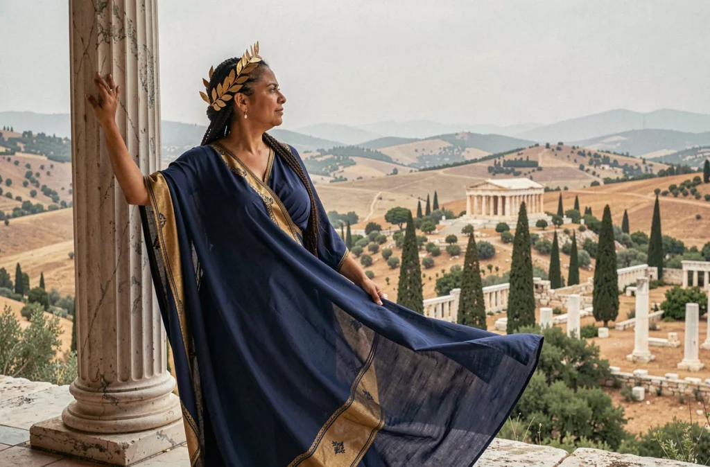 Femme en costume grec antique contemplant un paysage de temples et collines, évoquant la souveraineté d'Héra reine des dieux de l'Olympe