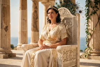 Femme majestueuse en robe grecque antique assise sur un trône de marbre orné de plumes de paon, symbolisant le pouvoir d'Héra épouse de Zeus