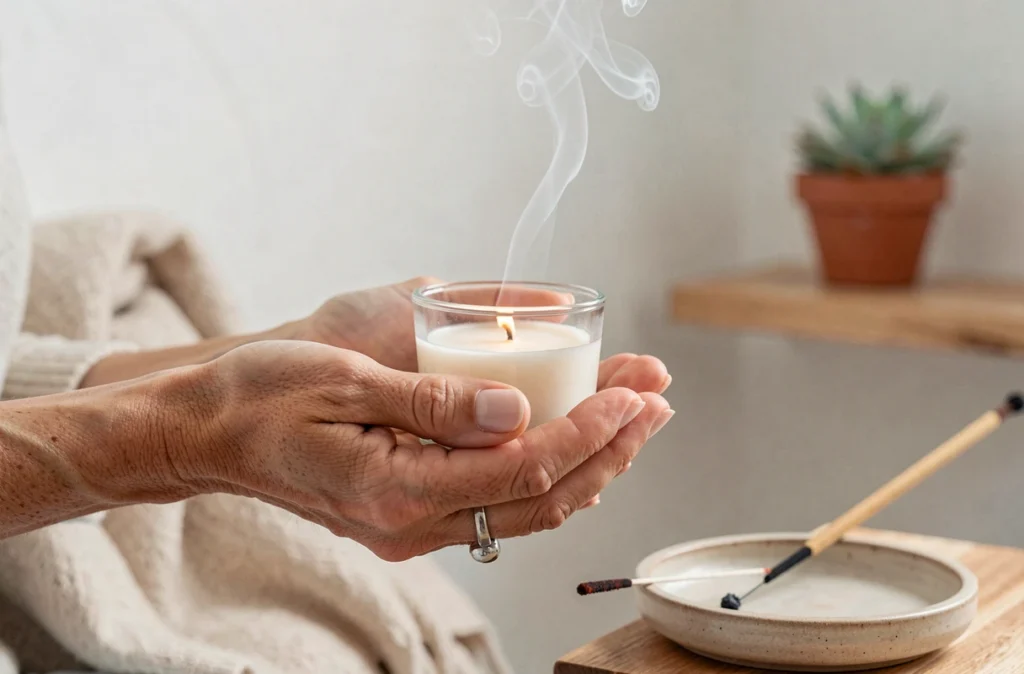 Mains tenant une bougie votive en verre lors d'un rituel méditatif dans un intérieur minimaliste et serein