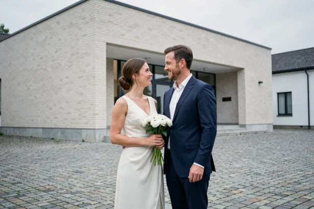 Couple de mariés devant une mairie danoise en brique pâle lors d'un mariage civil au Danemark