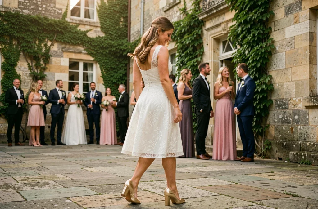 Mariée marchant à l'aise en chaussures dorées à talon bloc sur les pavés d'un château lors de la réception