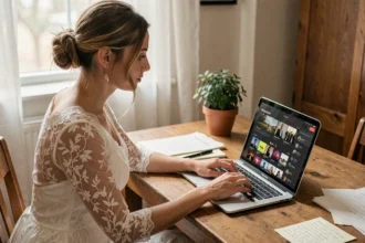 Mariée planifiant son diaporama mariage musique sur Spotify depuis un ordinateur portable à son bureau à domicile