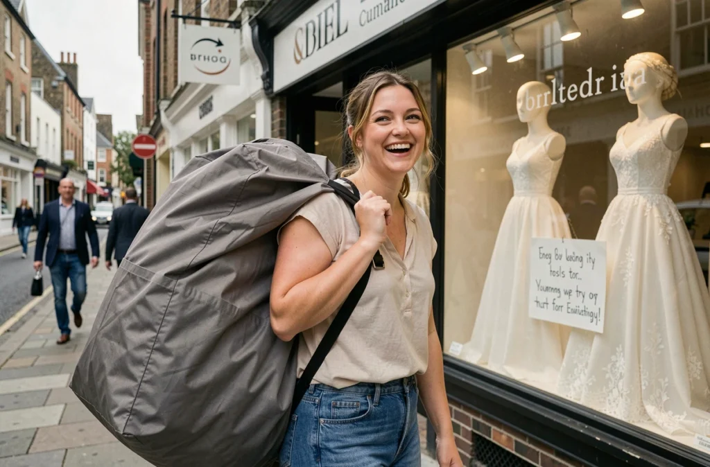 Future mariée souriante devant la devanture d'un magasin de robe de mariée pas cher, sac de robe à la main