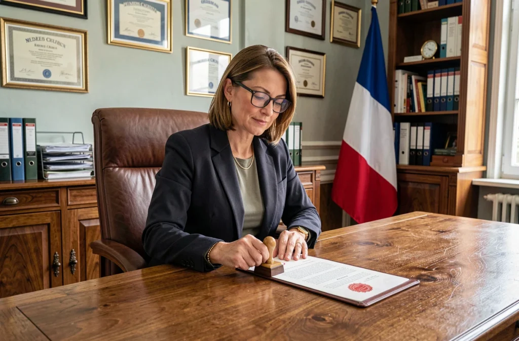 Notaire tamponnant un acte officiel pour un mariage étranger homologué en France