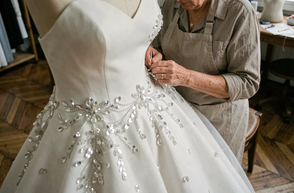 Couturière personnalisant une robe de mariée strass et paillettes princesse sur mesure dans un atelier de couture parisien