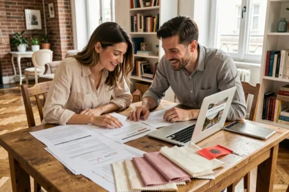 Couple français planifiant leur mariage en Albanie depuis leur appartement parisien avec documents et ordinateur portable