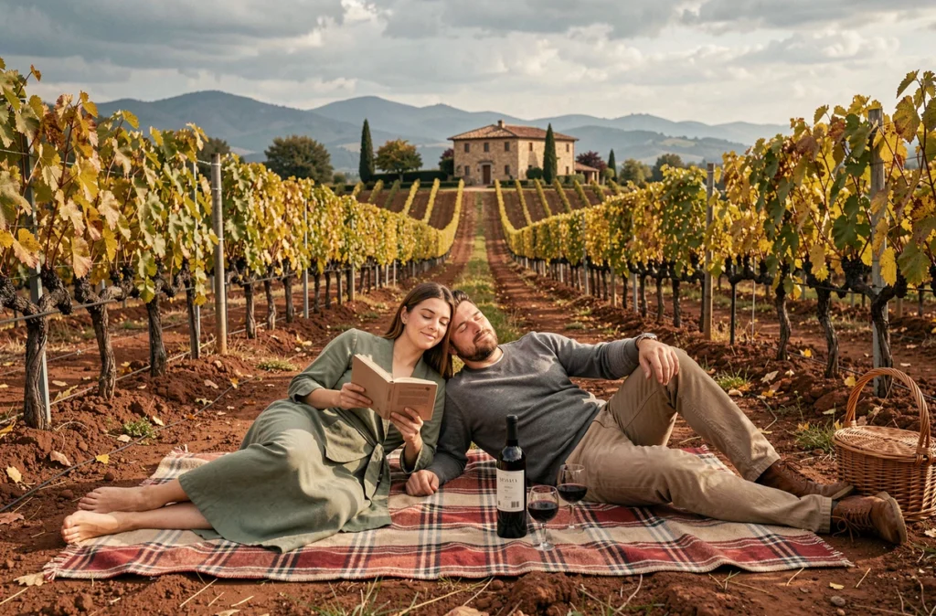 Couple de mariés en pique-nique romantique dans un vignoble toscan lors de leur road trip en Italie en automne