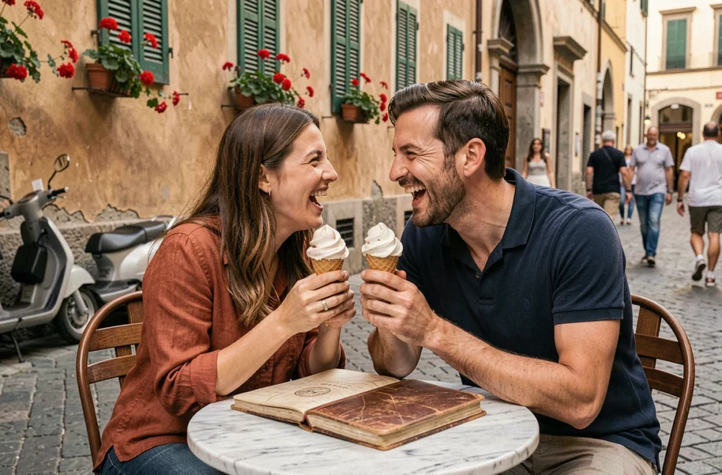 Jeunes mariés dégustant des gelatos dans une piazza florentine pendant leur voyage de noces en road trip en Italie