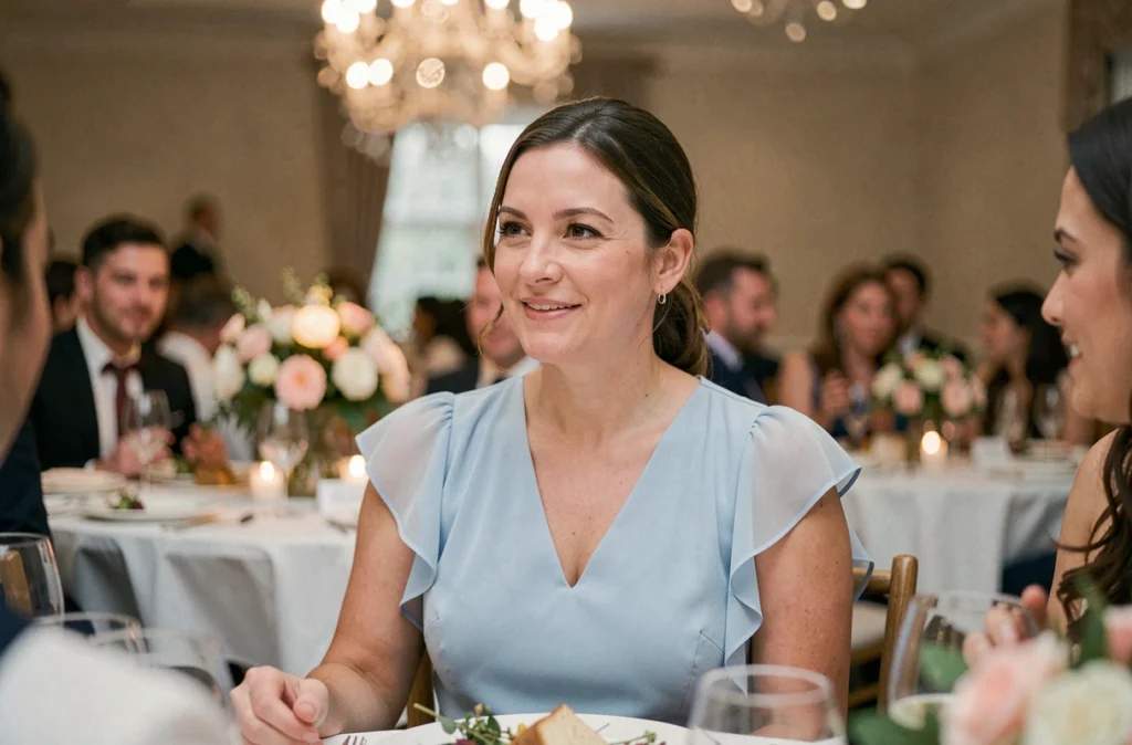 Femme en robe bleu poudre en chiffon assise à une table de banquet lors d'un mariage intérieur élégant