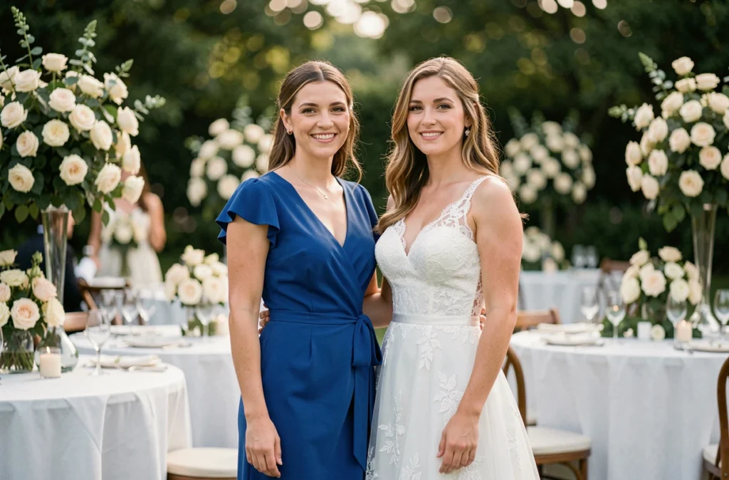 Deux femmes à une réception de mariage en jardin, l'une en robe bleue cobalt et l'autre en robe de mariée blanche, illustrant les erreurs de style à éviter
