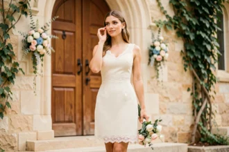 Femme en robe courte ivoire dentelle devant une église pour un mariage