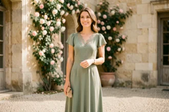 Femme en robe midi vert sauge avec dentelle pour un mariage en château, style invitée élégante 2026