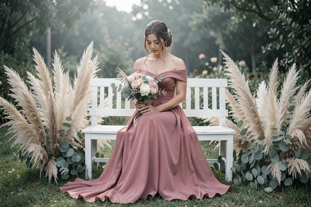 Invitée de mariage en robe rose poudré épaules dénudées assise dans un décor de cérémonie en jardin fleuri