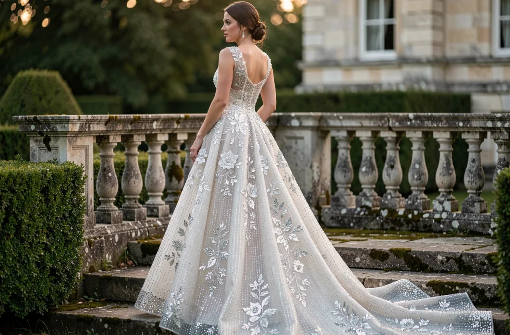 Robe de mariée princesse strass vue de dos dans un jardin de château français, détails broderies et paillettes