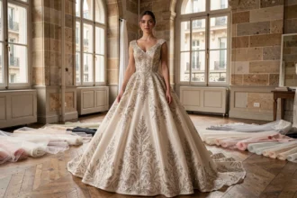 Mariée en robe de princesse strass et paillettes dans un atelier parisien, robe de mariée unique sur mesure