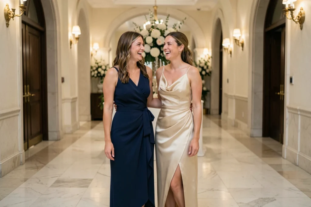 Deux invitées de mariage en robe longue bleu marine et champagne dans un foyer d'hôtel luxueux, tendances 2026