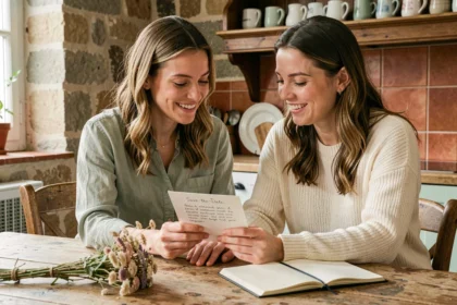 Deux femmes souriantes qui examinent leur save the date dans un appartement parisien chaleureux