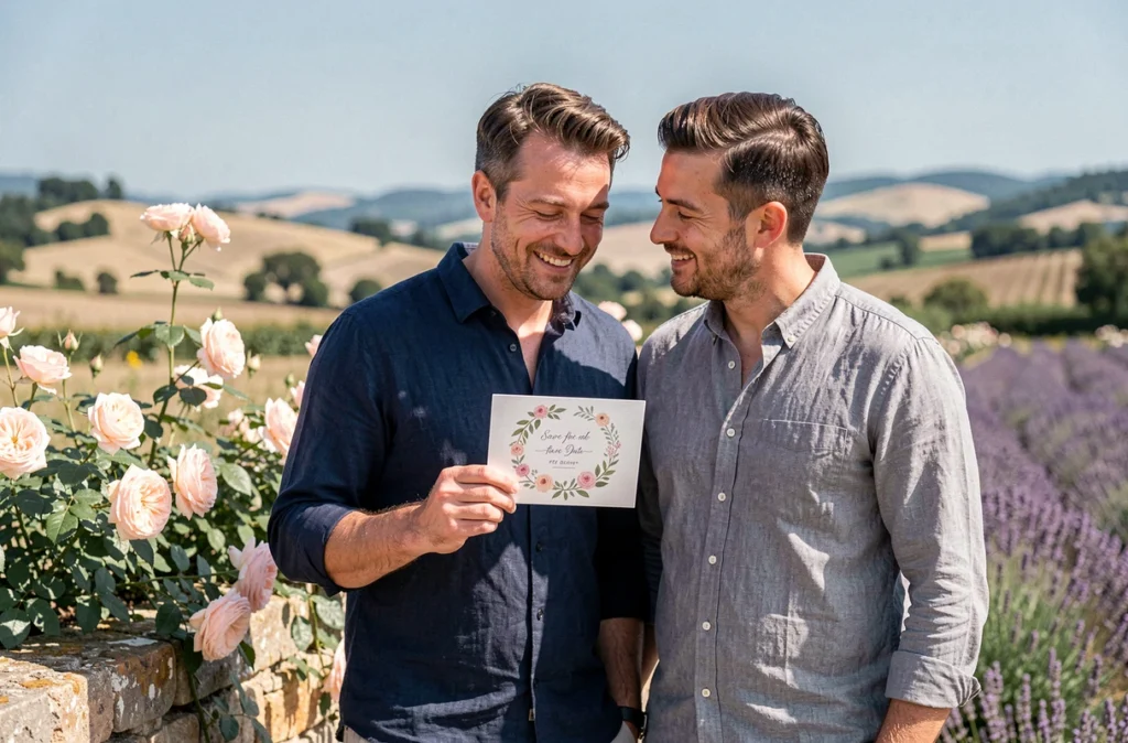 Deux hommes tenant leur faire-part save the date dans un jardin de Provence en France